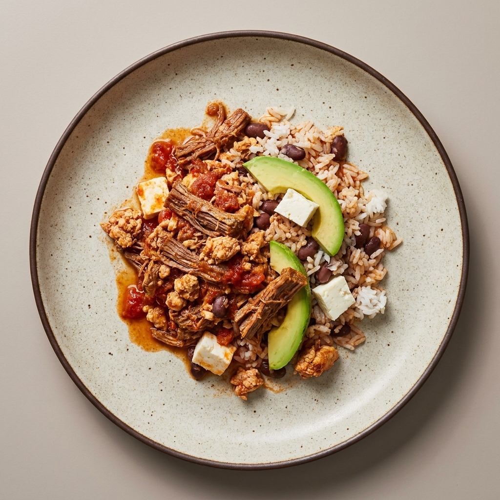 Res entomatada con pollo y queso, con frijol, aguacate y arroz
