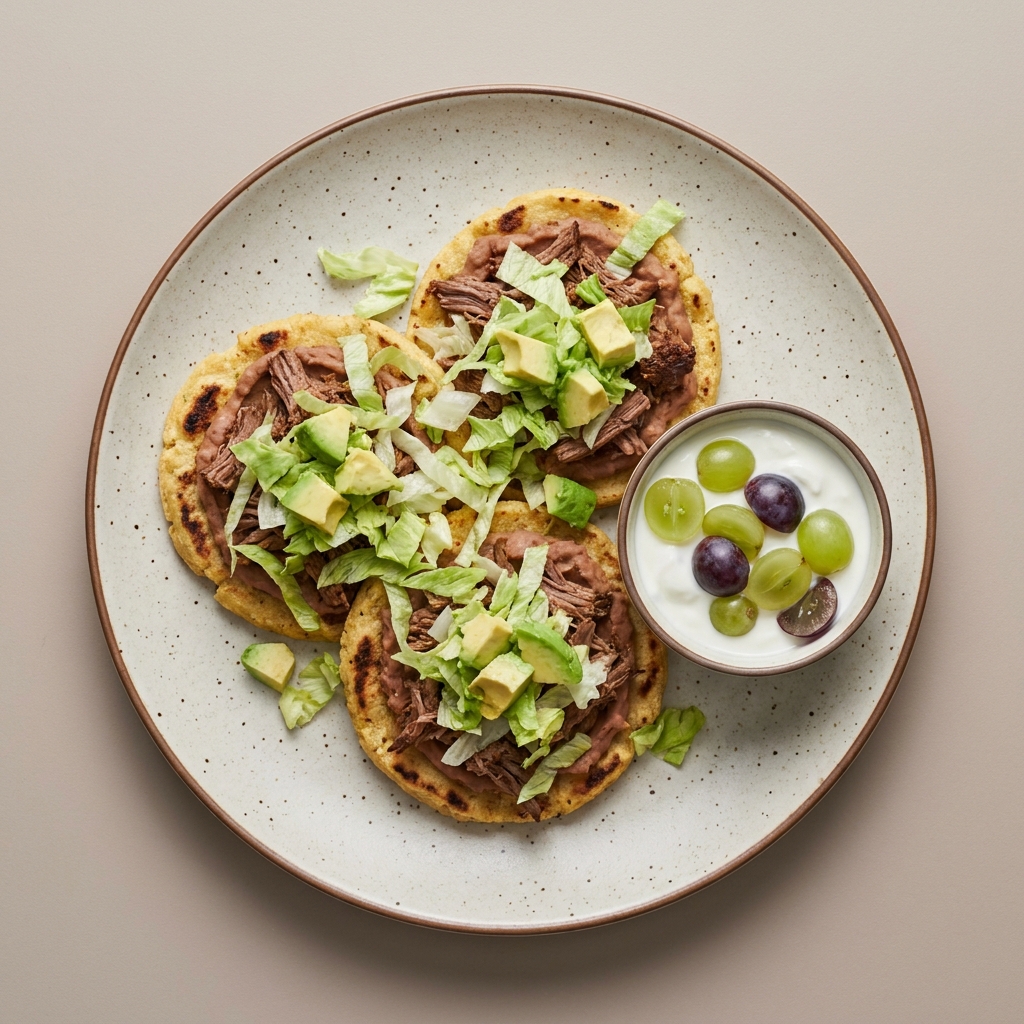 Sopes de carne res deshebrada con frijoles refritos, lechuga, y aguacate, acompañado de yogurt con uvas