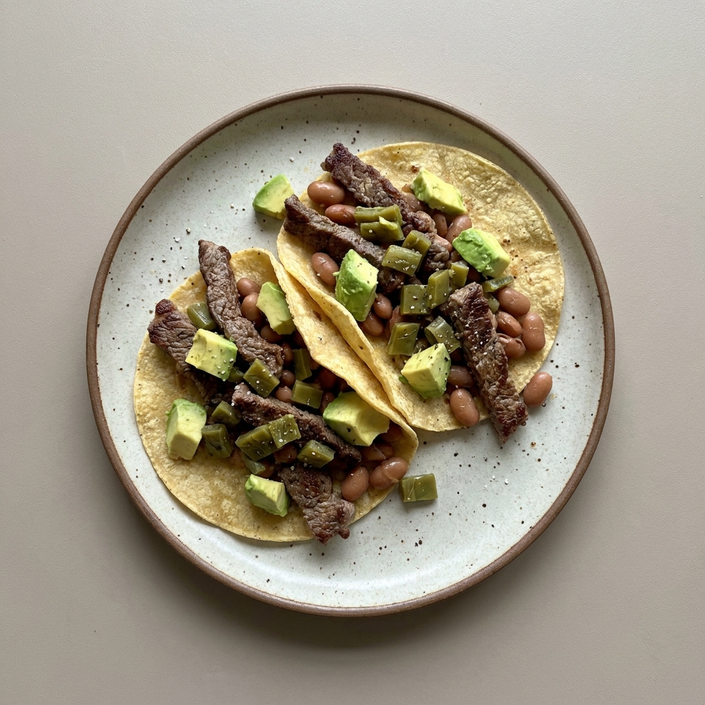 Tacos de bistec con frijoles, nopales, y aguacate