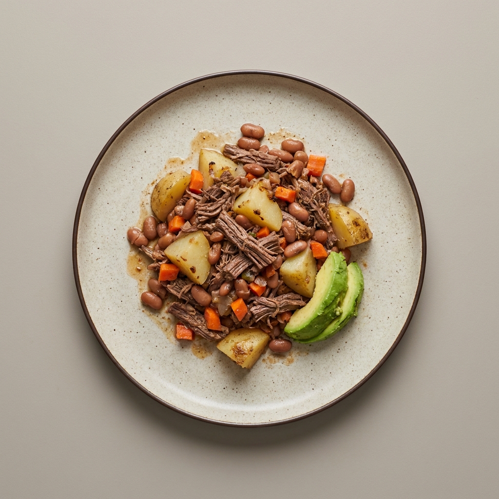 Picadillo de carne res deshebrada con zanahoria, papa y frijol.