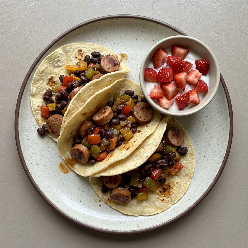Tacos de guisado de salchicha de pavo con pimiento y frijoles acompañado de fresas con yogurt
