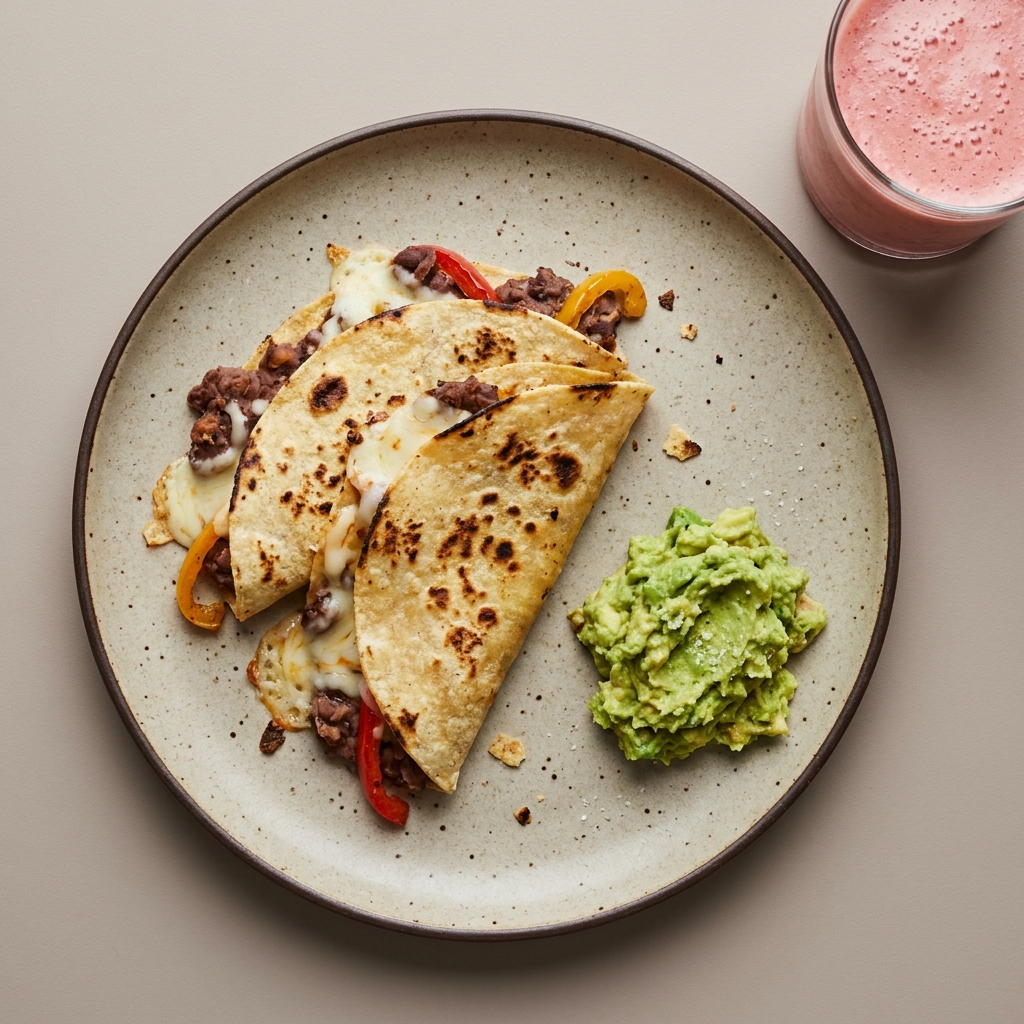 Quesadillas con frijoles refritos, pimientos y guacamole acompañadas de licuado de fresa