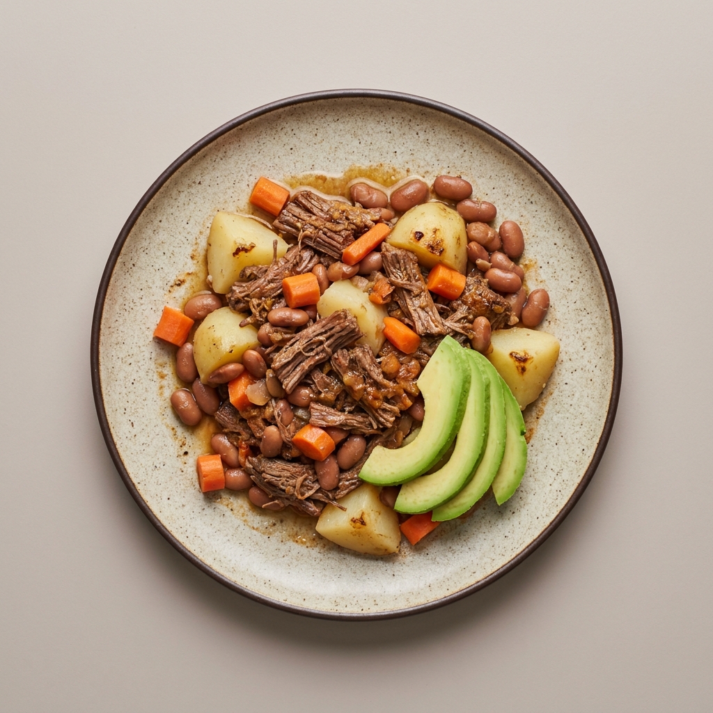 Guisado de res deshebrada con zanahoria, papa y frijol.