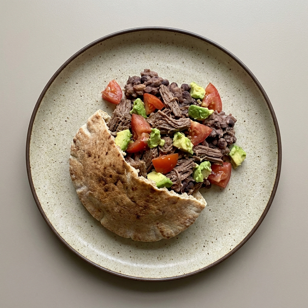 Pan pita relleno de res deshebrada con frijol y jitomate, con aguacate.