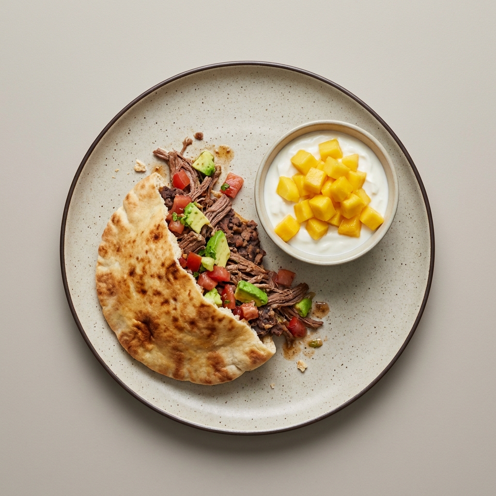 Pan pita relleno de carne res deshebrada con frijol, jitomate, y aguacate acompañado de yogurt con mango