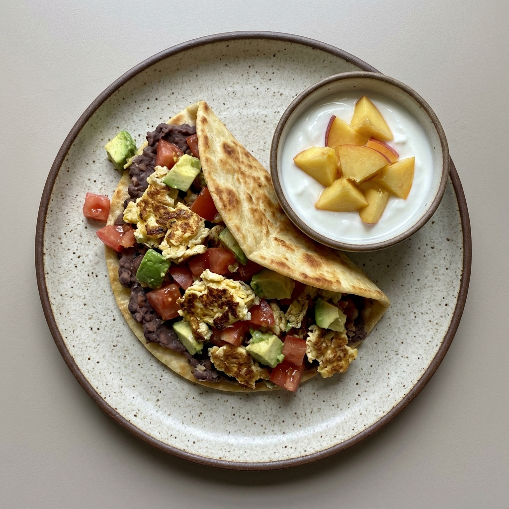 Pan pita taquero relleno de huevo con frijoles, jitomate, y aguacate acompañado de yogurt con nectarina