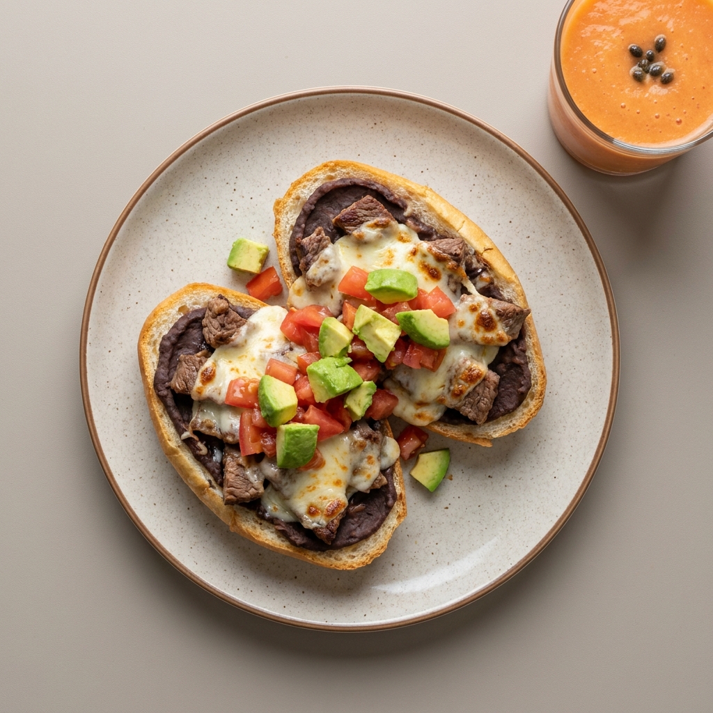 Molletes gratinados de carne con  jitomate y aguacate acompañados de licuado de papaya