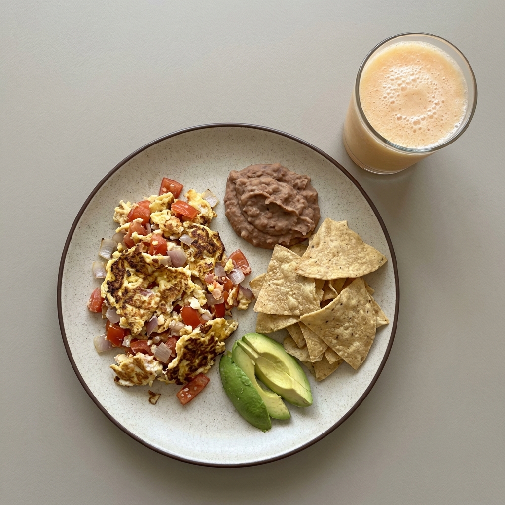 Huevos revueltos a la mexicana, con frijoles y totopos horneados, acompañado de licuado de melón