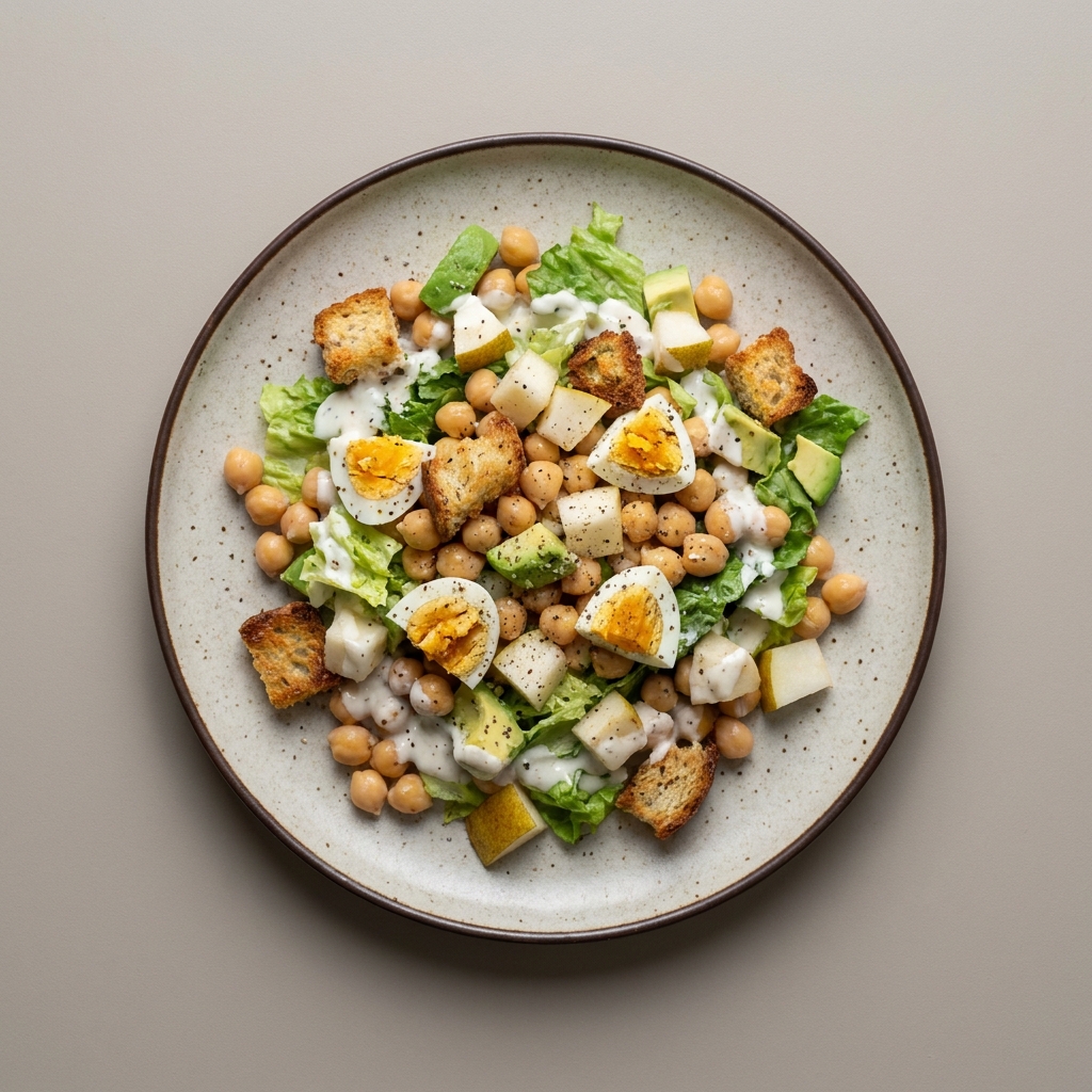 Ensalada de garbanzo con huevo, croutones, pera, y aguacate aderezado con yogurt
