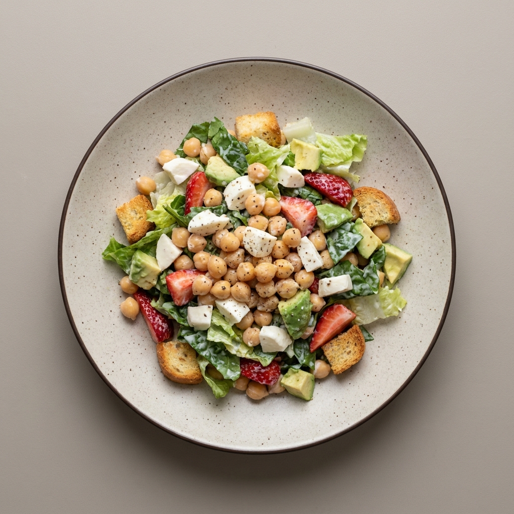 Ensalada de garbanzo con queso, aguacate y fresas aderezada con yogurt