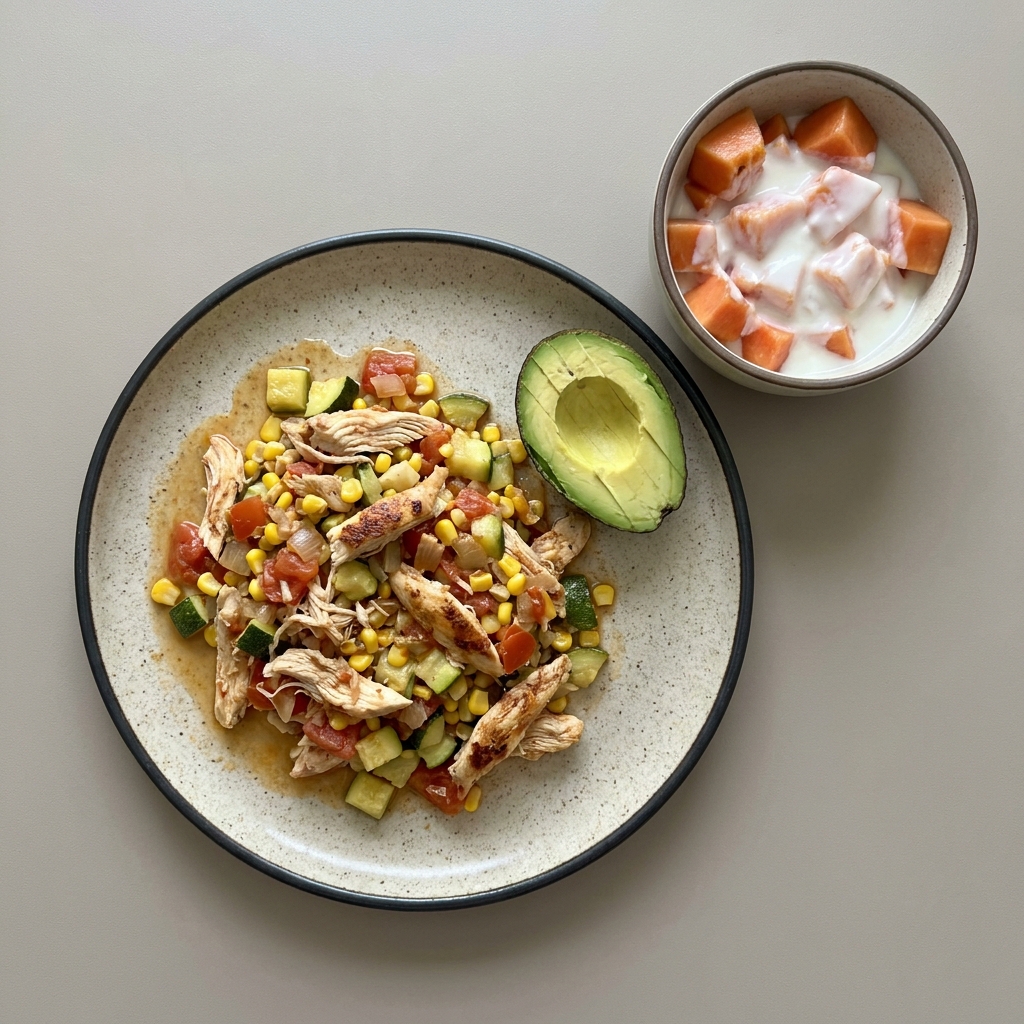 Pollo  con calabacita a la mexicana con elote  y aguacate, acompañado de yogurt con papaya picada