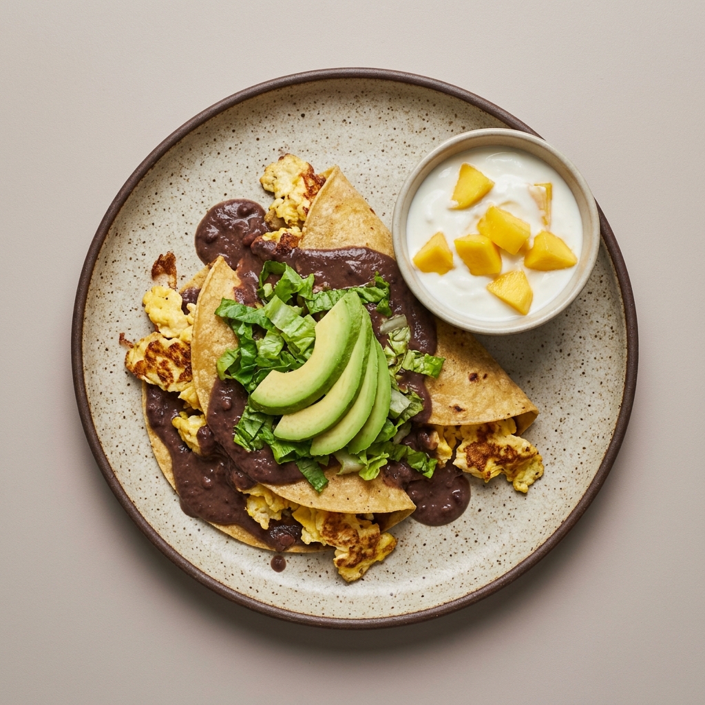 Enfrijoladas con huevo y aguacate acompañadas de yogurt con mango