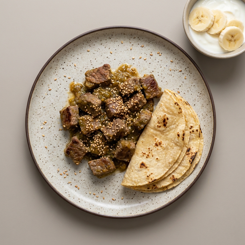 Bistec en salsa de tomate con semilla de ajonjolí y tortillas de maíz acompañado de yogurt con plátano