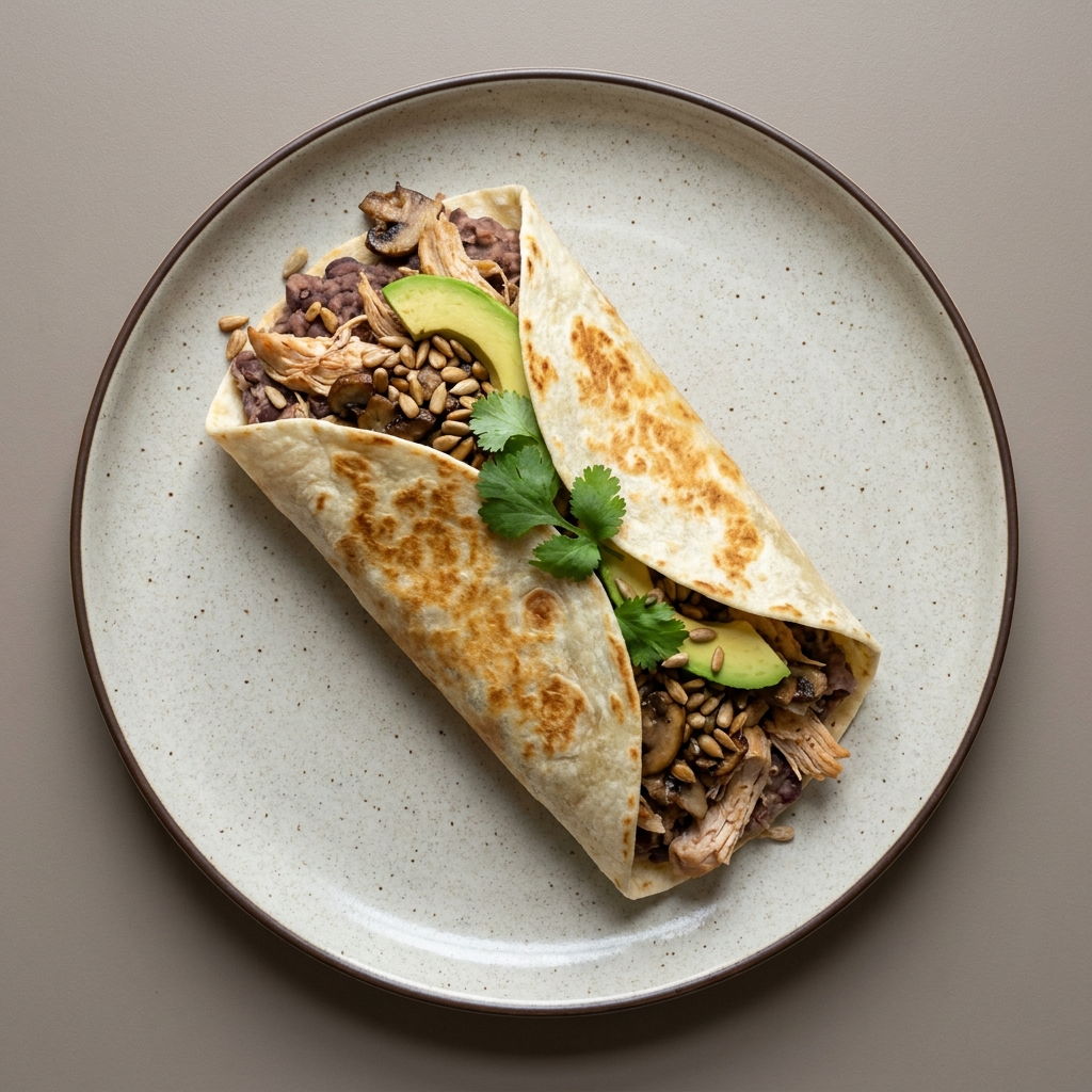 Burrito de pechuga de pollo deshebrada con frijol, champiñón, semilla de girasol y aguacate