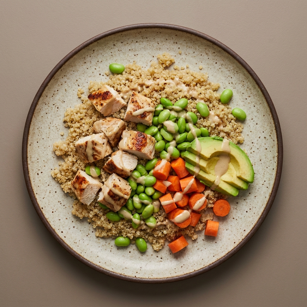 Bowl de quinoa con pechuga de pollo, edamame, zanahoria y aguacate, con aderezo de tahini