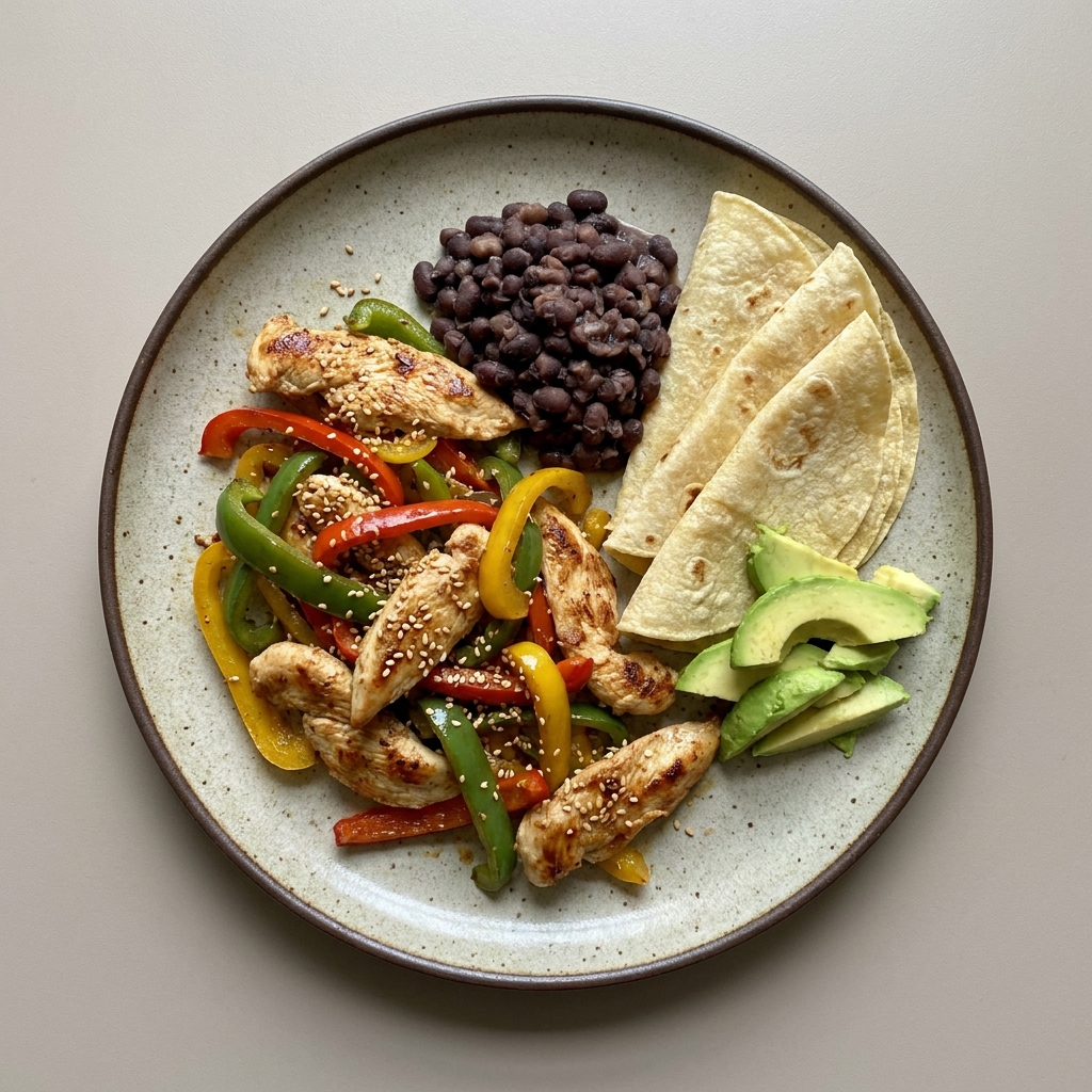 Alambre de pechuga de pollo con pimiento, semilla de ajonjolí y frijol, con tortilla de maíz y aguacate