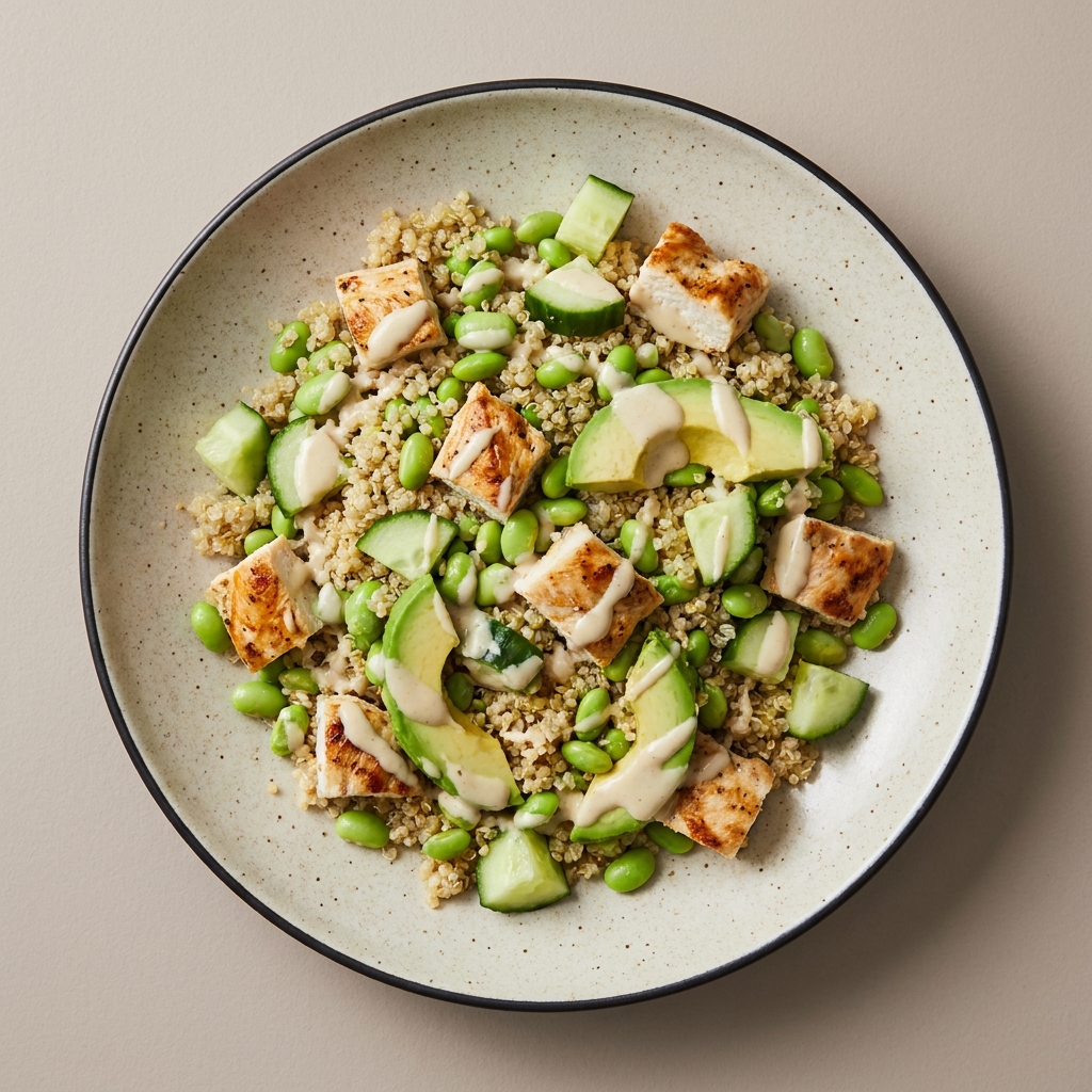 Bowl de quinoa con pechuga de pollo, edamame, pepino y aguacate, con aderezo de tahini