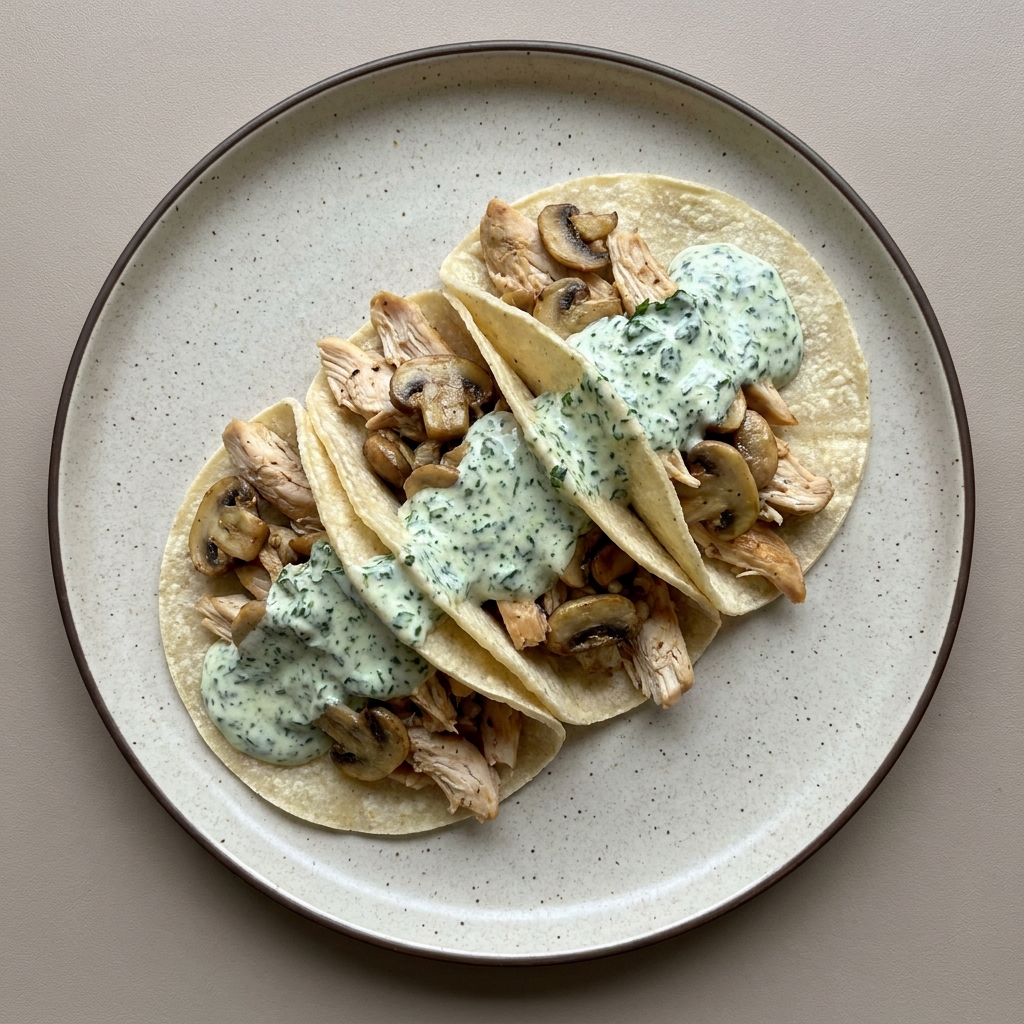 Tacos de pollo y champiñon con salsa cremosa de espinaca