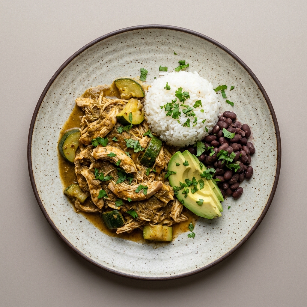 Pechuga de pollo deshebrada en pipián de pepita de calabaza, arroz, frijol y aguacate