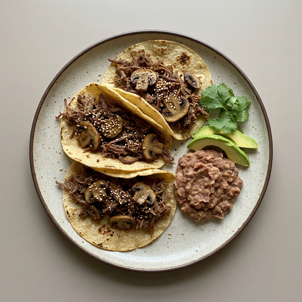 Tacos de machaca de res con champiñón y semilla de ajonjolí, con frijoles refritos y aguacate