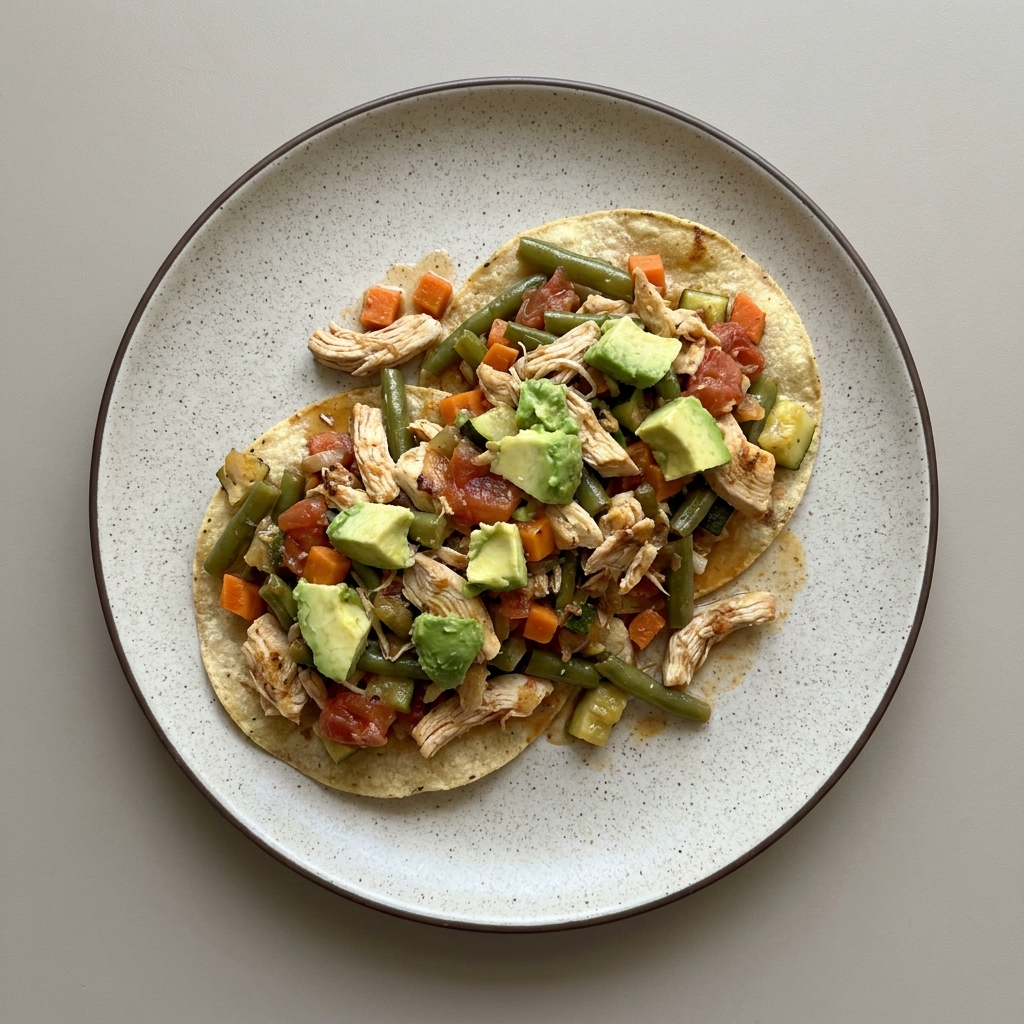 Tostadas de pollo con vegetales y aguacate