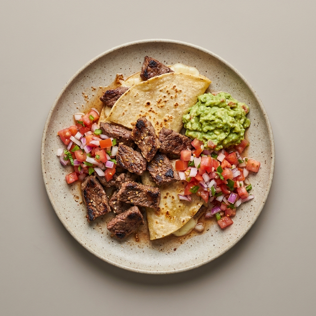 Arrachera de res con pico de gallo, quesadillas y guacamole