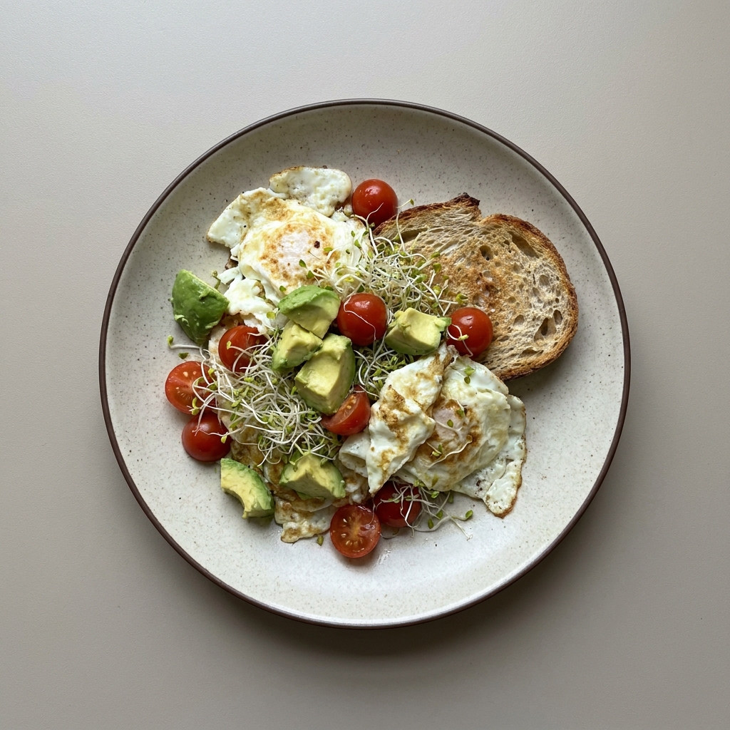 Bowl de claras con aguacate, jitomate cherry, alfalfa y pan de masa madre
