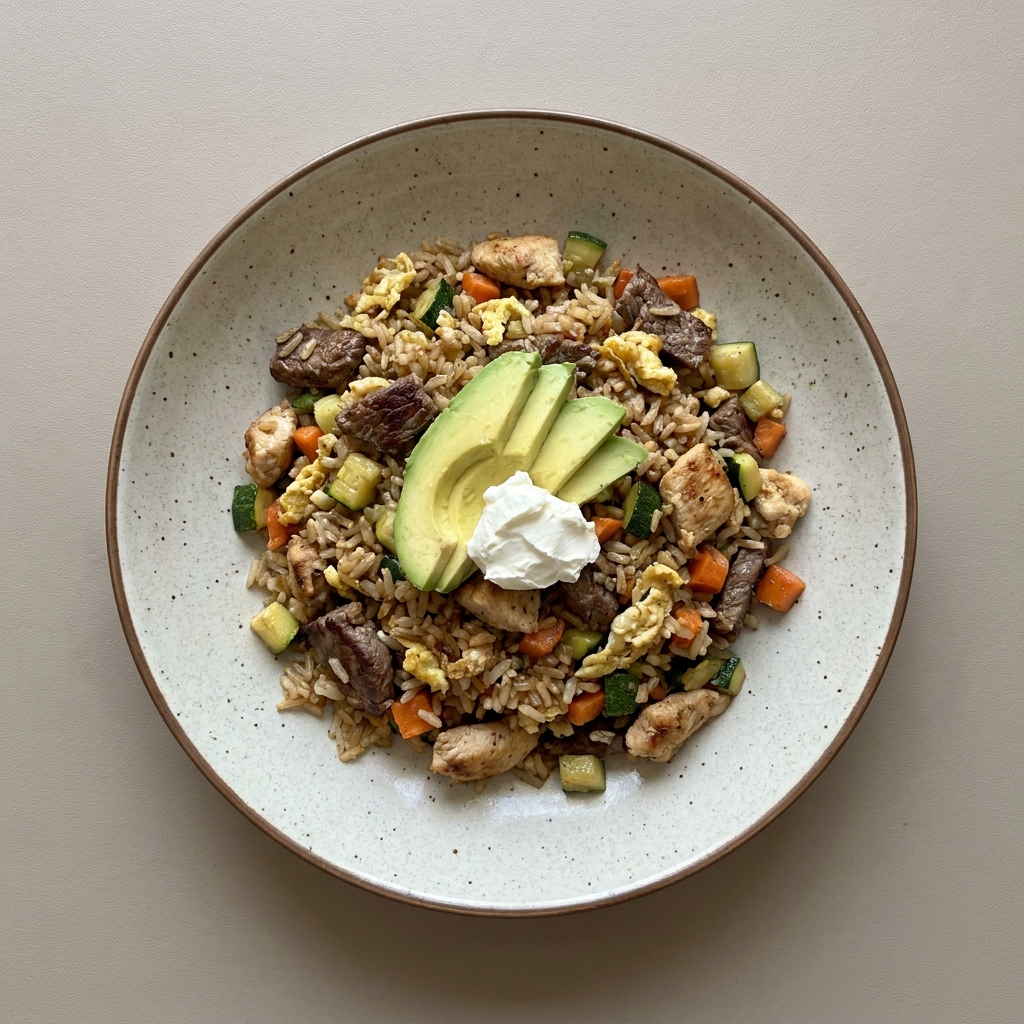Yakimeshi de res y pollo en un bowl