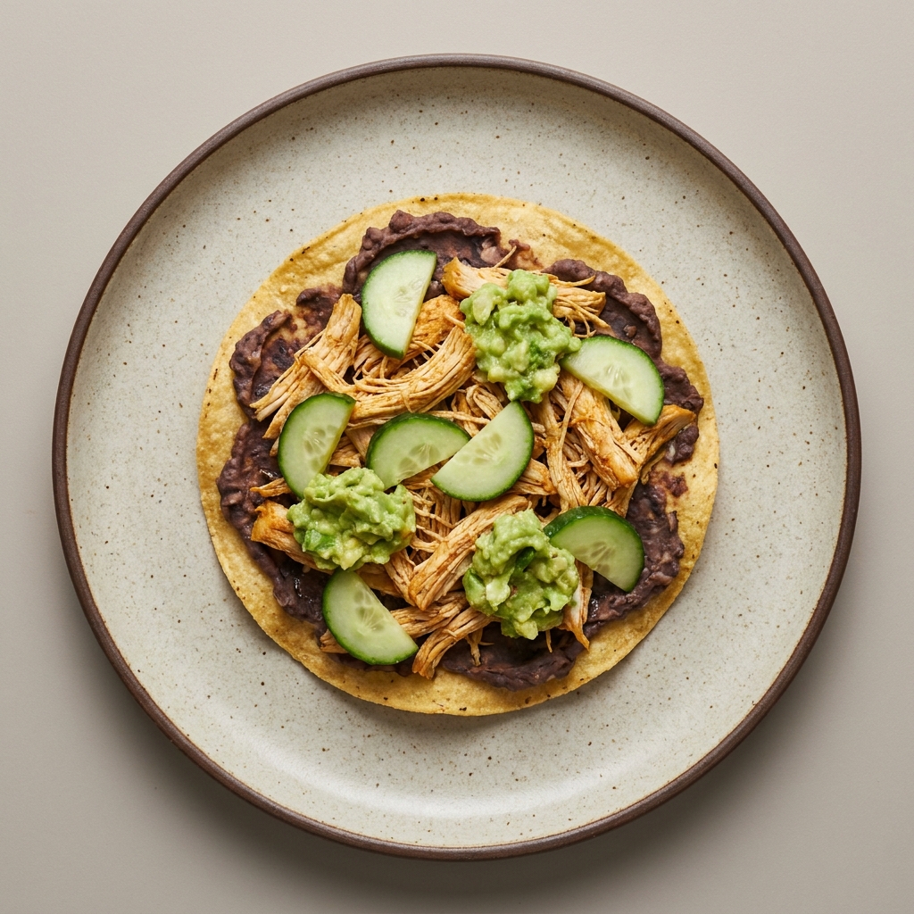 Tostada de frijoles refritos con pechuga de pollo deshebrada, pepino y aguacate