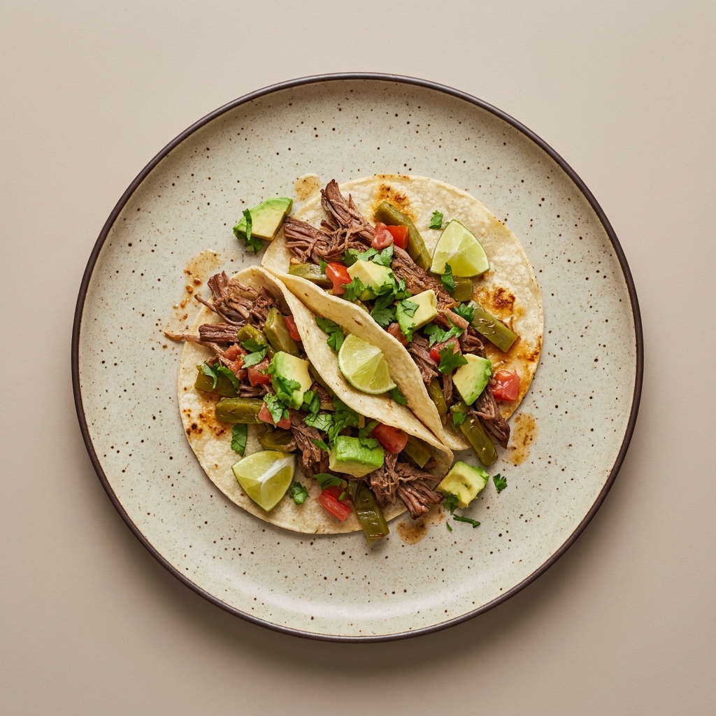 Tacos de machaca de res con nopal y jitomate