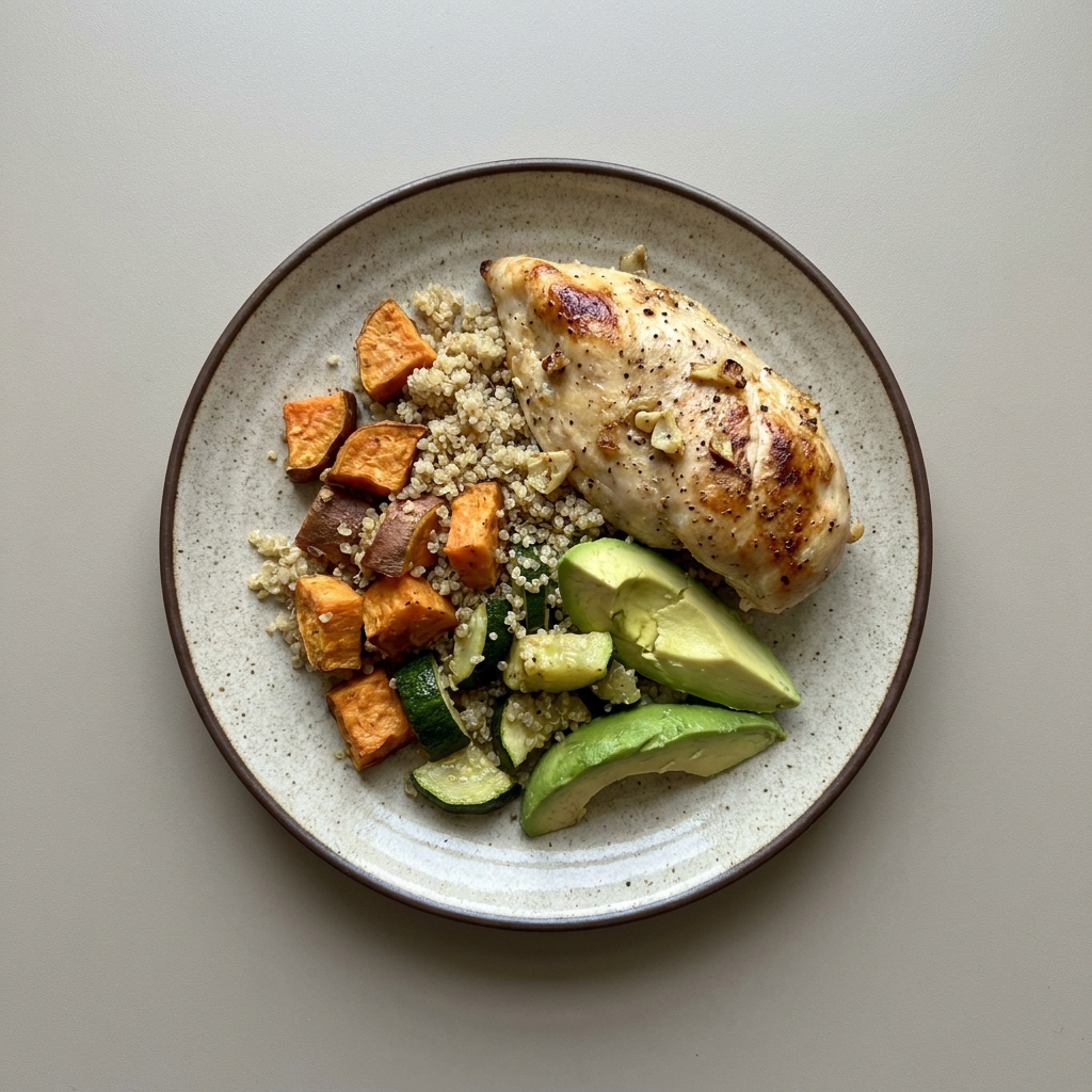 Pechuga de pollo al horno con calabacita, camote al horno y aguacate quinoa