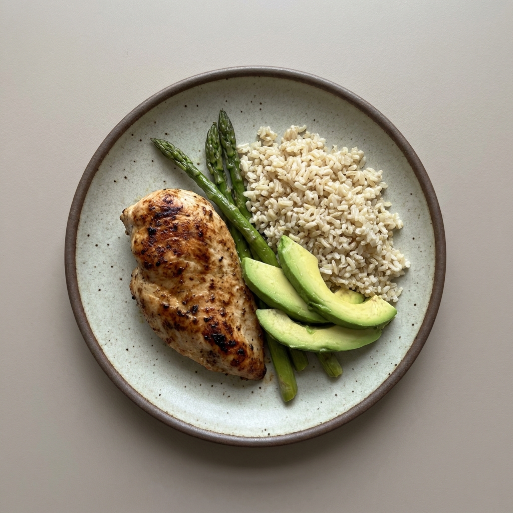 Pechuga de pollo a la plancha con espárrago, arroz integral y aguacate