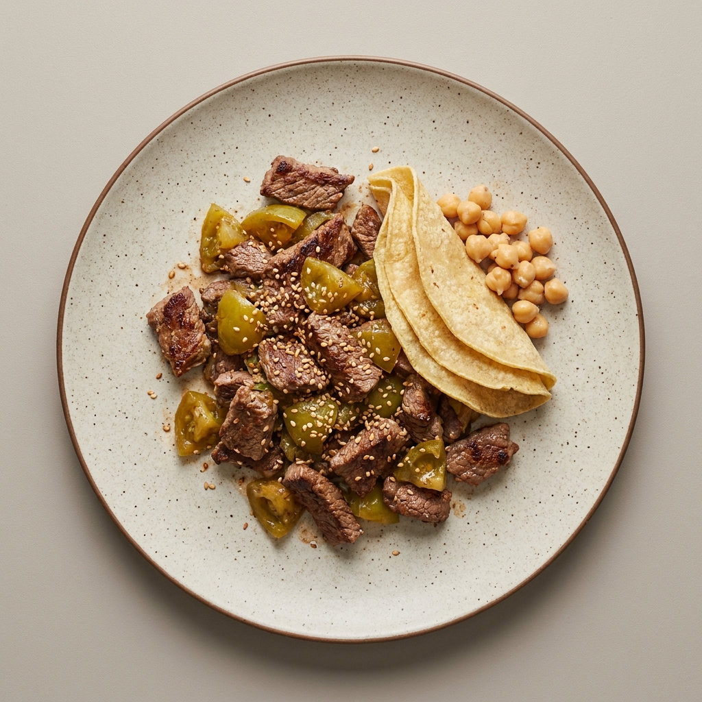 Arrachera de res revuelto con tomate verde y semilla de ajonjolí, con tortilla de maíz