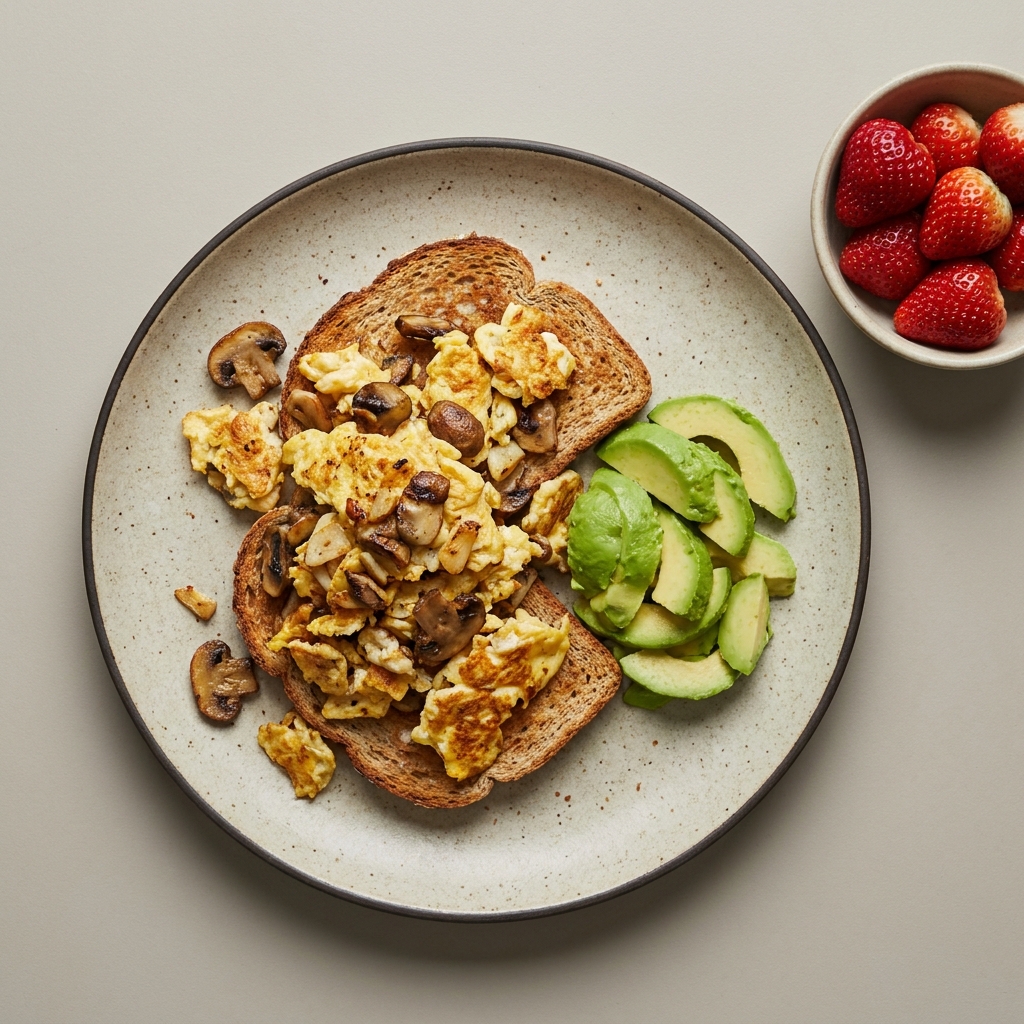 Huevo revuelto con champiñón, pan integral y aguacate, con bowl fresas