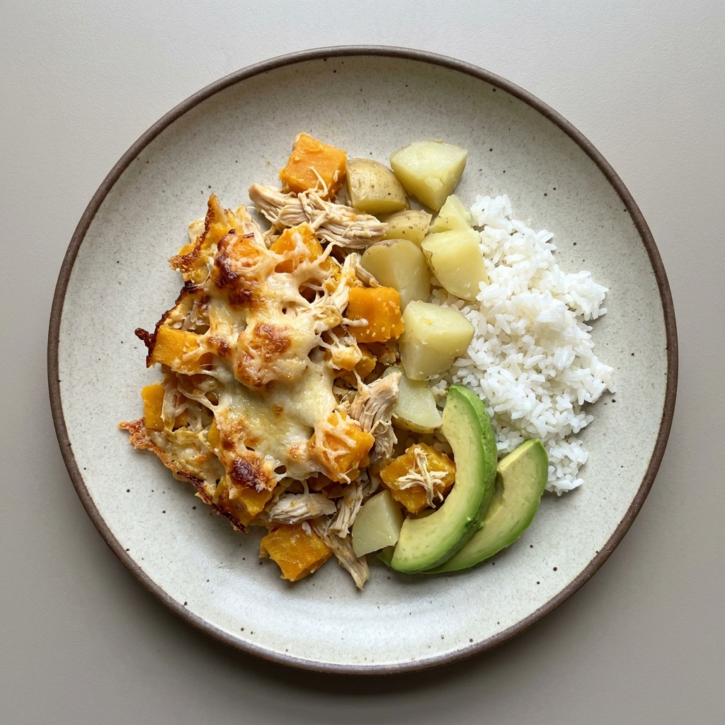 Pollo y Calabaza gratinado al parmesano con papa, con aguacate