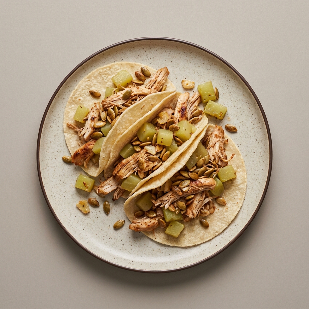 Tacos de pechuga de pollo deshebrada con chayote y pepita de calabaza.