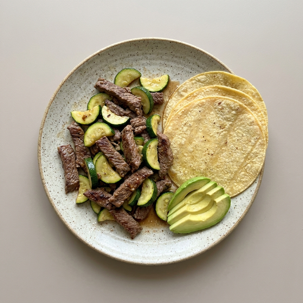 Bistec de res con verduras, acompañado de tortillas y aguacate.