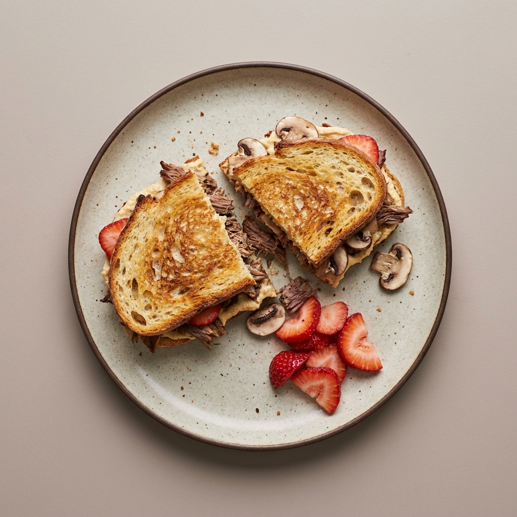 Sandwich de res con hummus y champiñón, acompaña con fruta