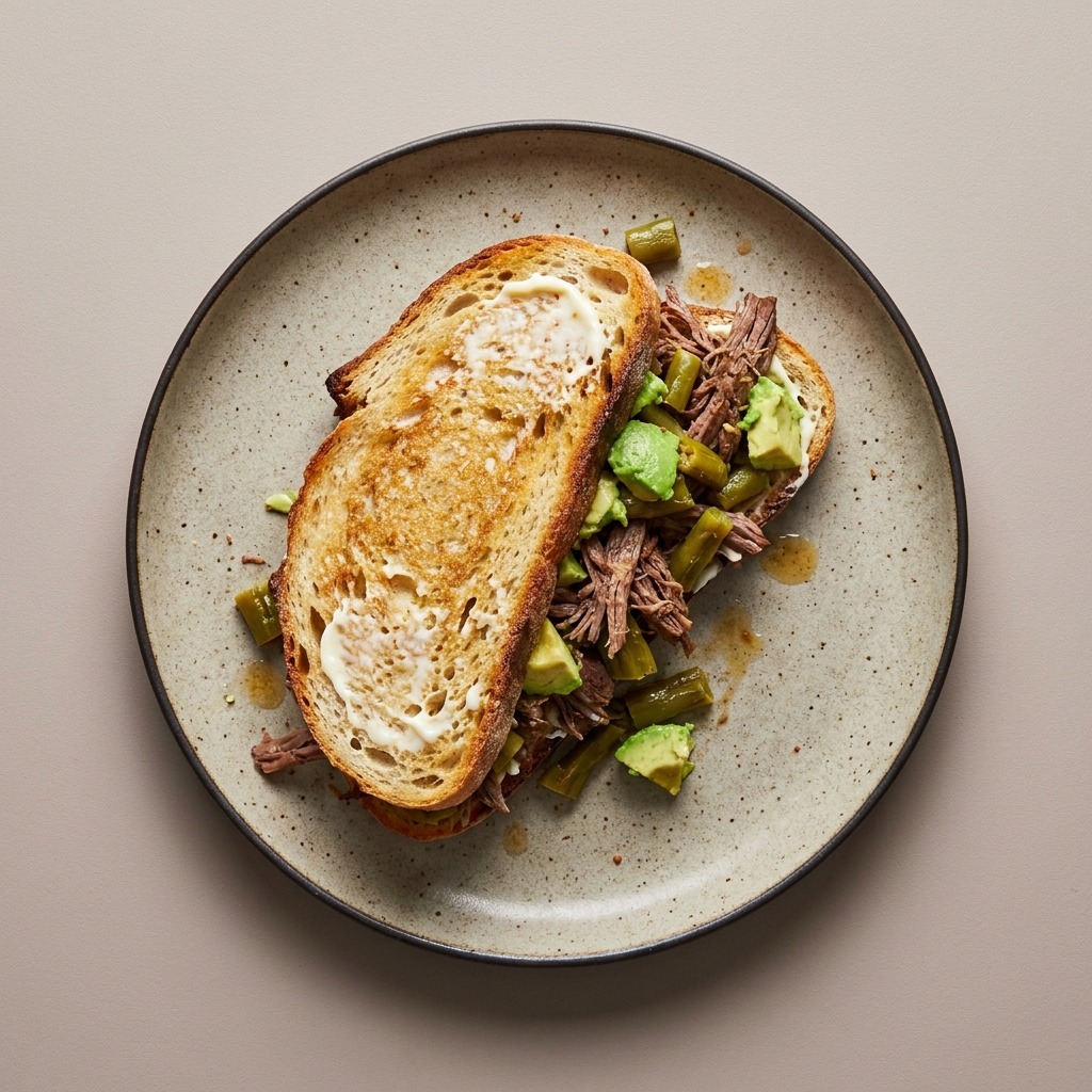 Sandwich de res deshebrada con nopal y aguacate en pan de masa madre