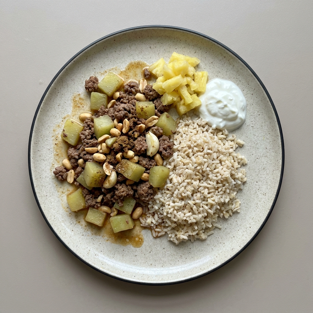 Picadillo de ternera con chayote y cacahuate, con arroz integral