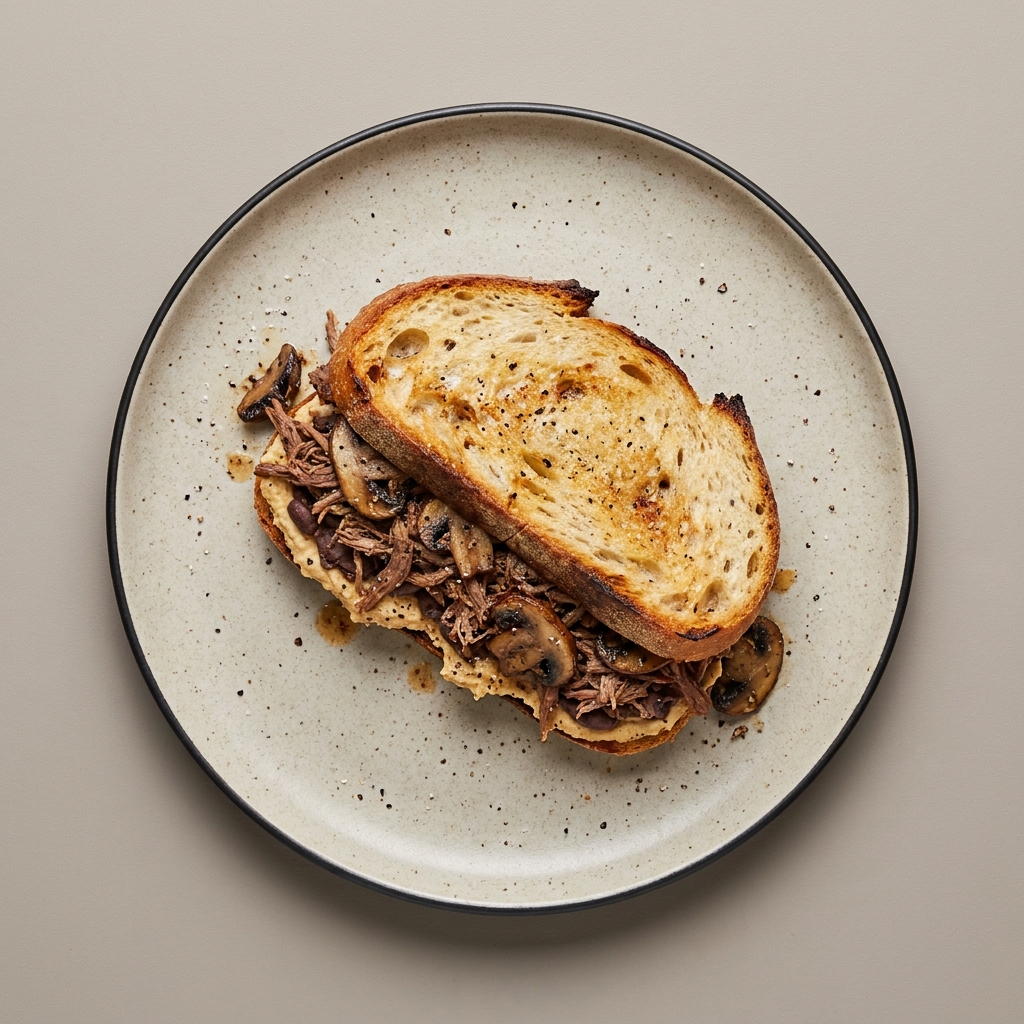 Sandwich de machaca de res con champiñón y hummus en pan de masa madre