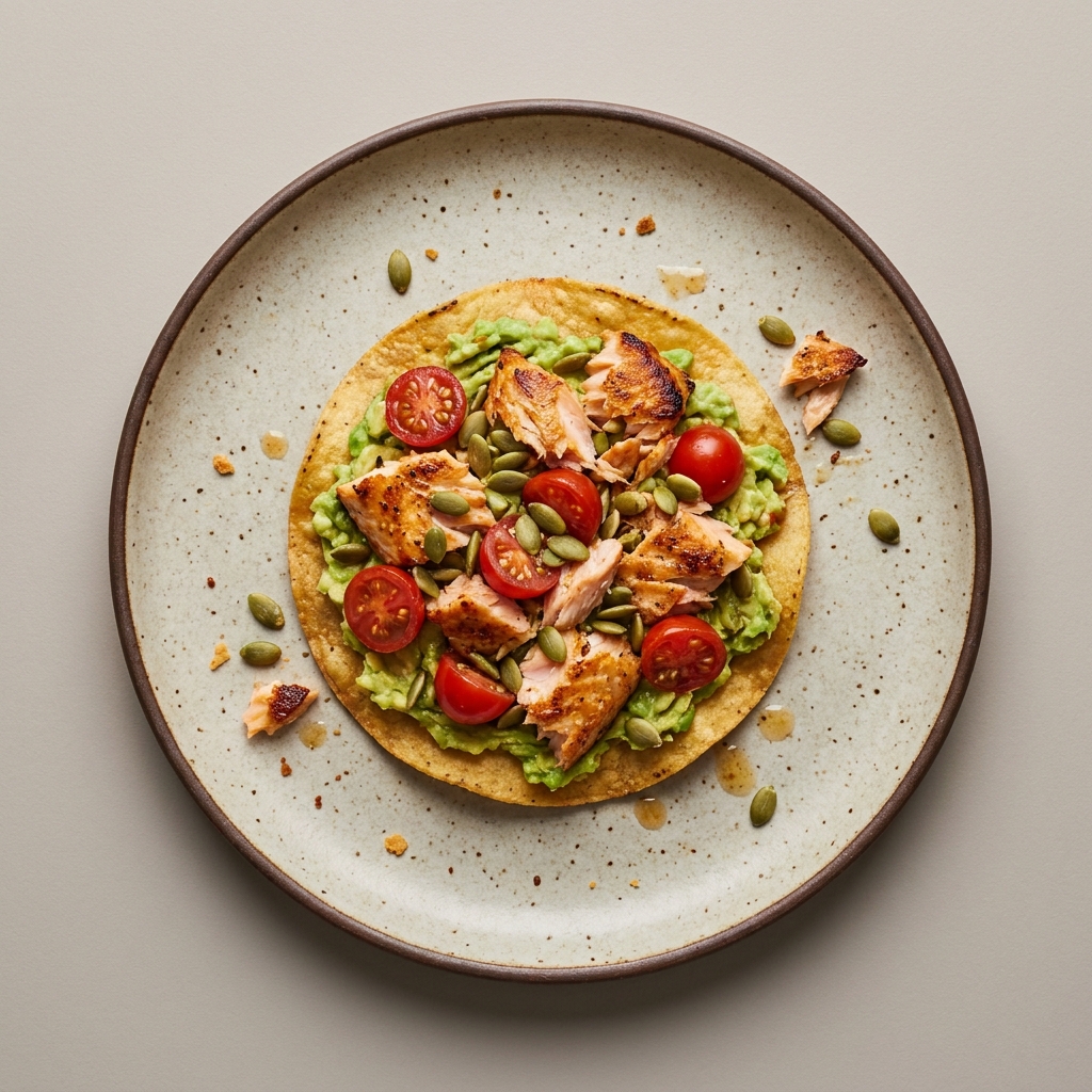 Tostada de salmón con pepita de calabaza y aguacate, con jitomate cherry