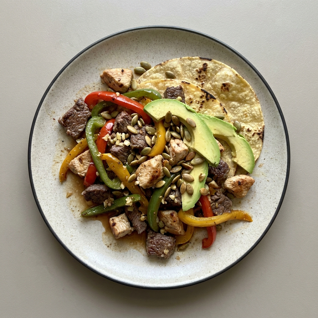 Alambre de arrachera de res y pechuga de pollo con pimiento, pepita de calabaza y aguacate.