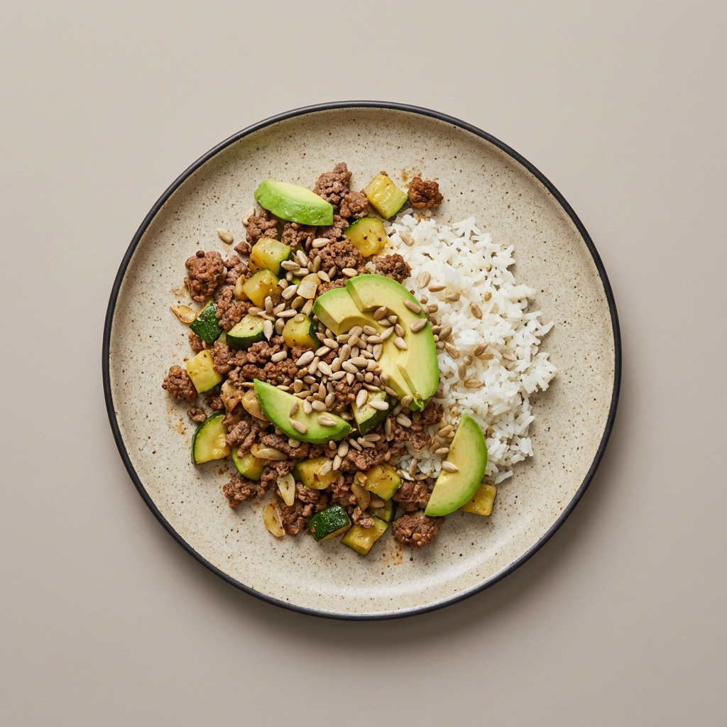 Picadillo de res molida magra con calabacita, semilla de girasol y aguacate, con arroz