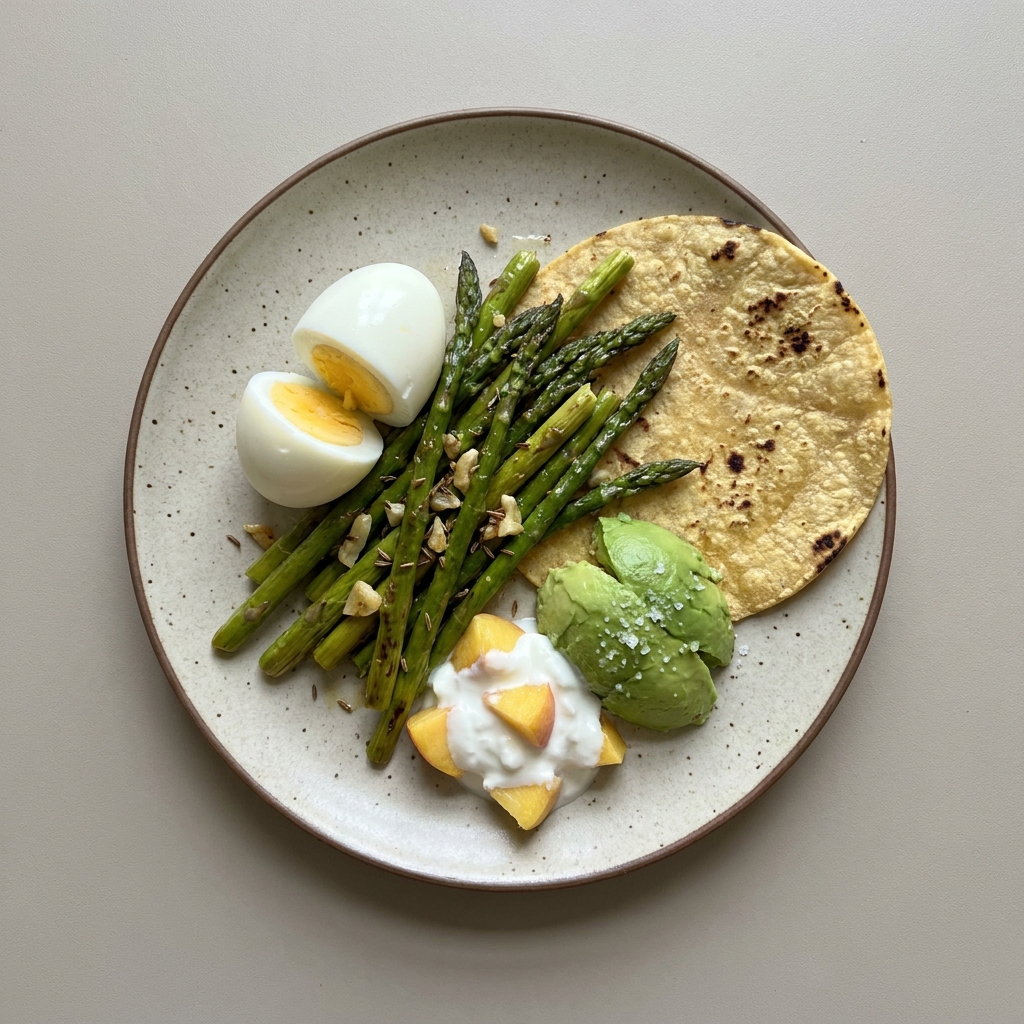 Huevo cocido con verdura, acompañado de aguacate y yogurt con fruta