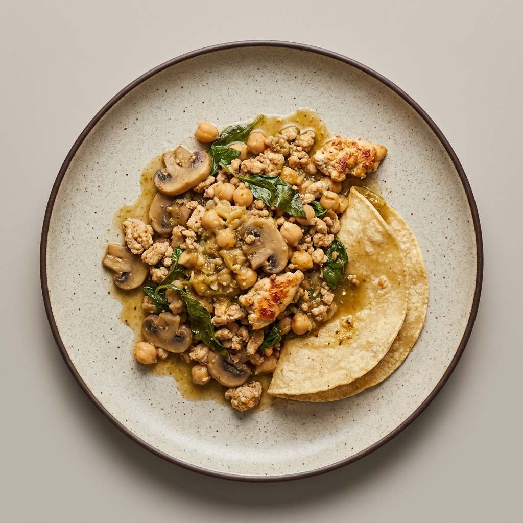 Pechuga de pollo molida en salsa verde con champiñón, acompaña con tortilla de maíz.