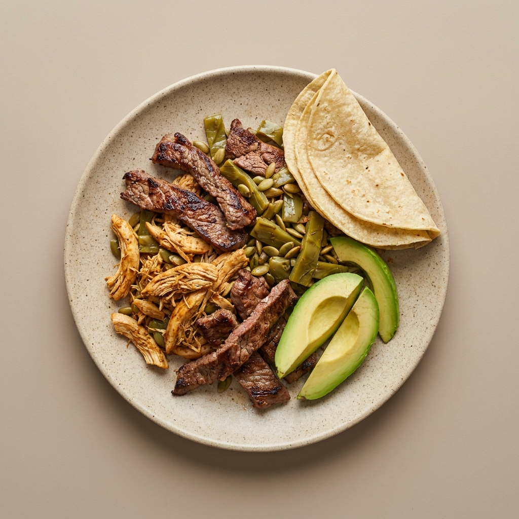 Molcajete mixto de arrachera de res, bistec bola y pechuga de pollo con nopal, pepita de calabaza y aguacate, con tortilla de maíz