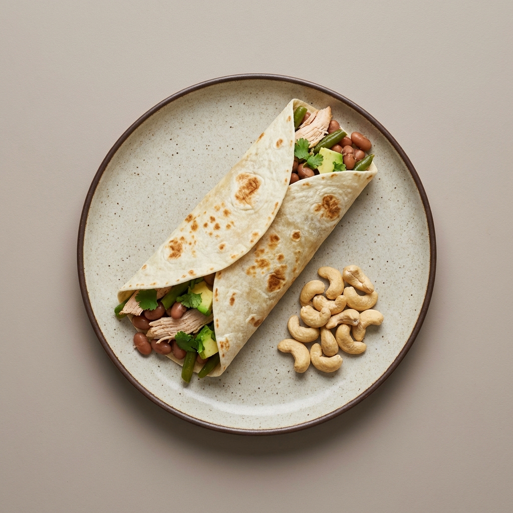 Burrito de pechuga de pollo deshebrada con frijol, ejotes, y aguacate acompañado de nuez de la india