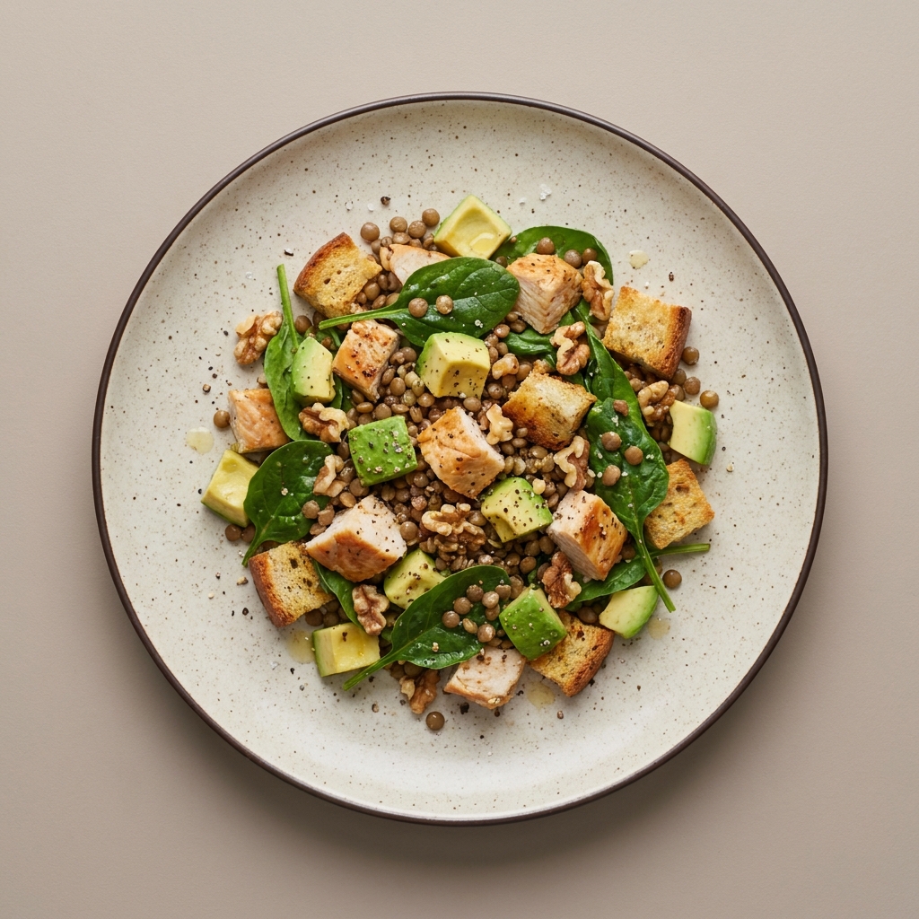 Ensalada de pechuga de pavo horneada con lenteja, espinaca, nuez, y aguacate