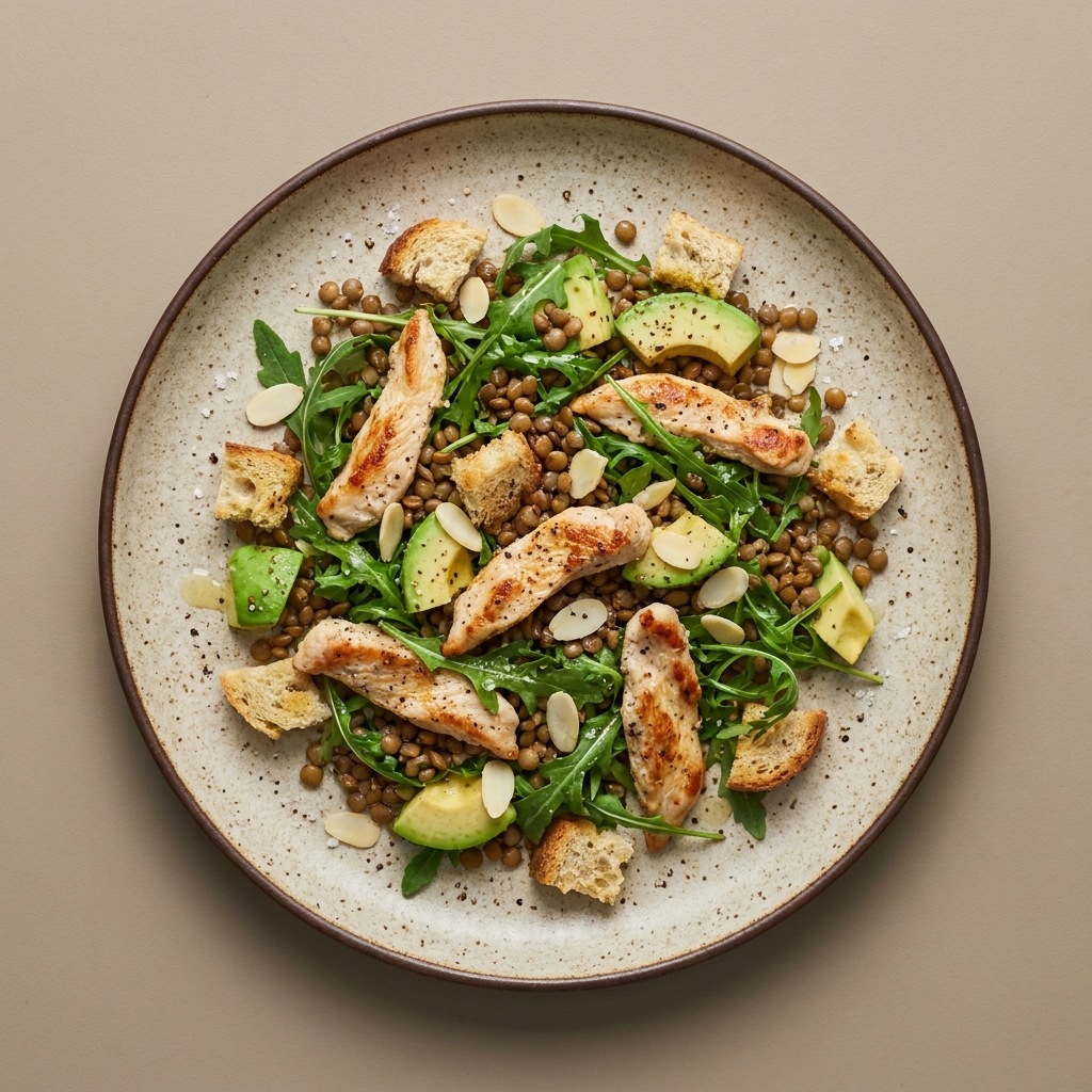 Ensalada de pechuga de pollo con lenteja, arúgula, almendra, aguacate, y croutones